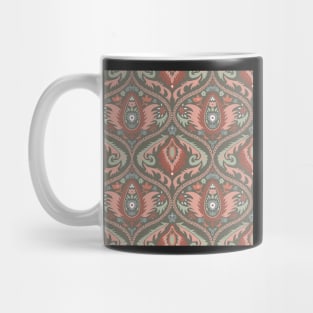 Classic ogee pattern with tendrils rust red and old pink on green Mug